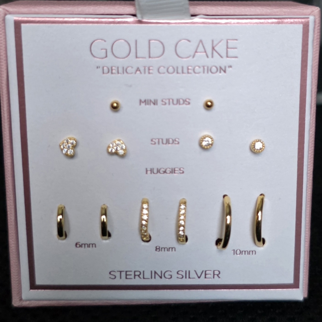 Gold Cake Steeling Silver Mini Earrings, Brand New, 6 Pairs